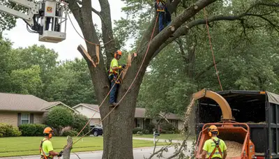 Emergency tree removal crew clearing storm damage in Indianapolis, IN