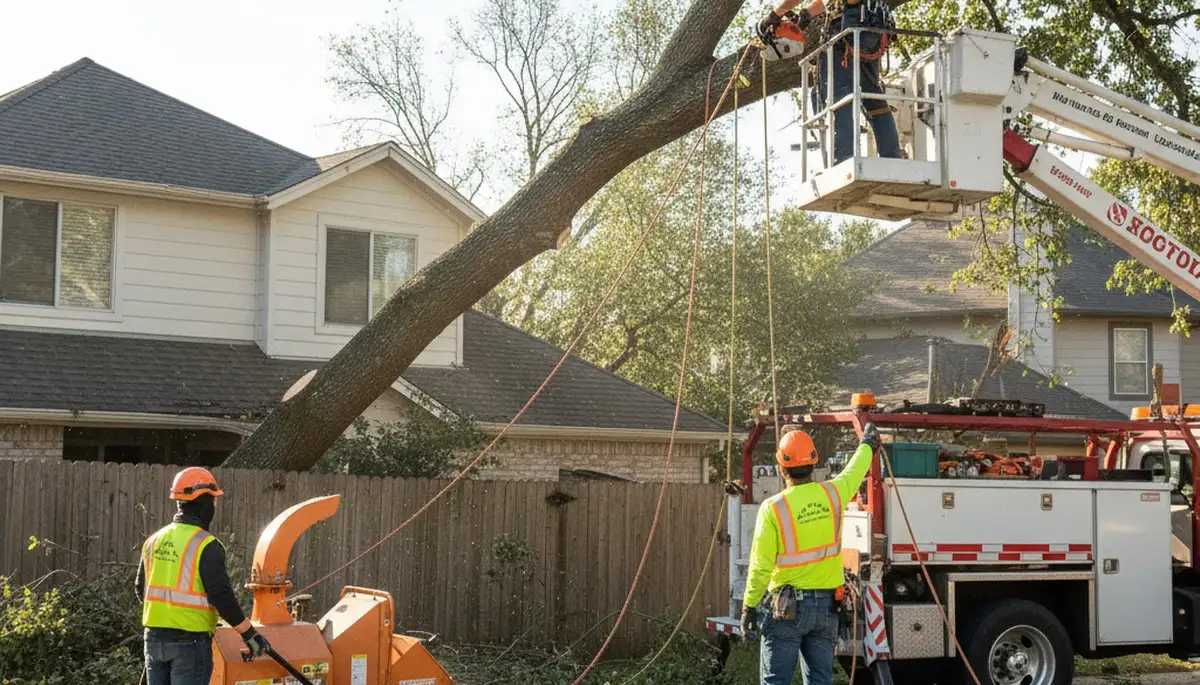 Emergency tree service crew removing storm-damaged tree in Indianapolis, IN