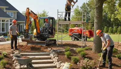 Indianapolis, IN tree service crew trimming trees for Arbor Tree Care landscaping project