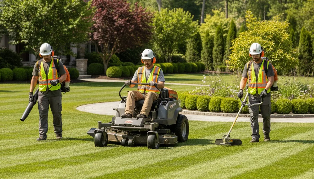 Tree service crew trimming a yard in Indianapolis, IN for clean, healthy landscaping