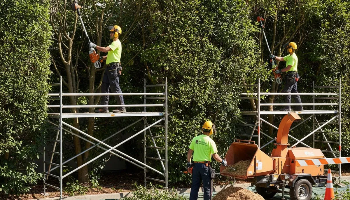 Indianapolis, IN tree service crew removing overgrown shrubs for safe, efficient yard cleanup