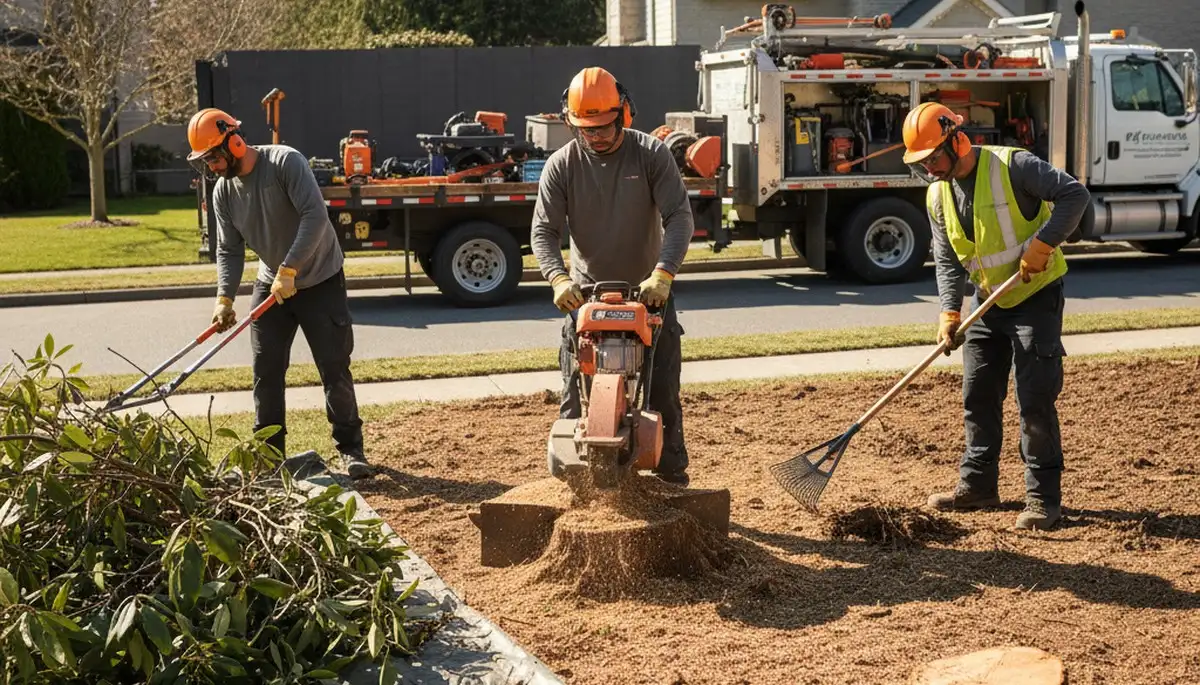 Indianapolis, IN tree service crew removing overgrown shrubs for safe, efficient property cleanup