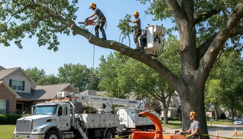 Indianapolis, IN tree service crew removing a hazardous tree with professional equipment