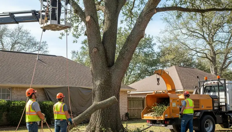 Indianapolis tree removal crew safely removing a hazardous tree for local property owners