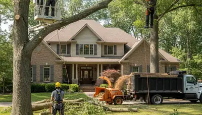 Tree trimming service team in Indianapolis, IN providing professional tree care for residential properties