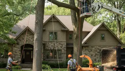 Tree service crew trimming trees in Indianapolis, IN for safe, professional property care