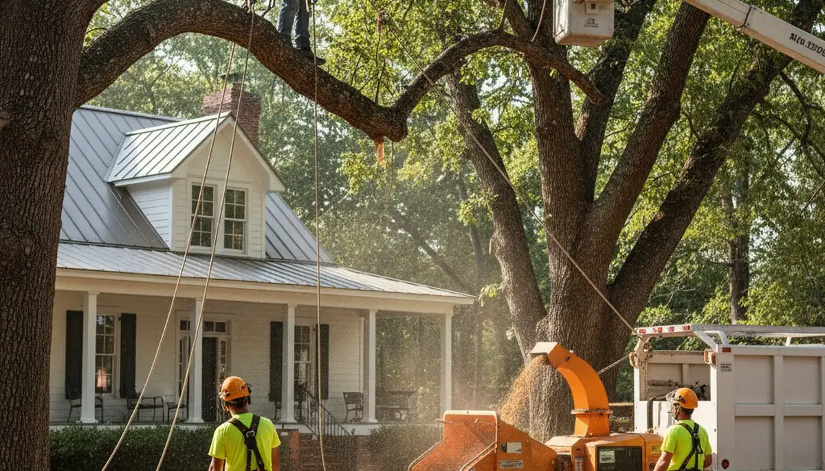Tree service crew trimming trees in Indianapolis, IN for safe, professional property maintenance