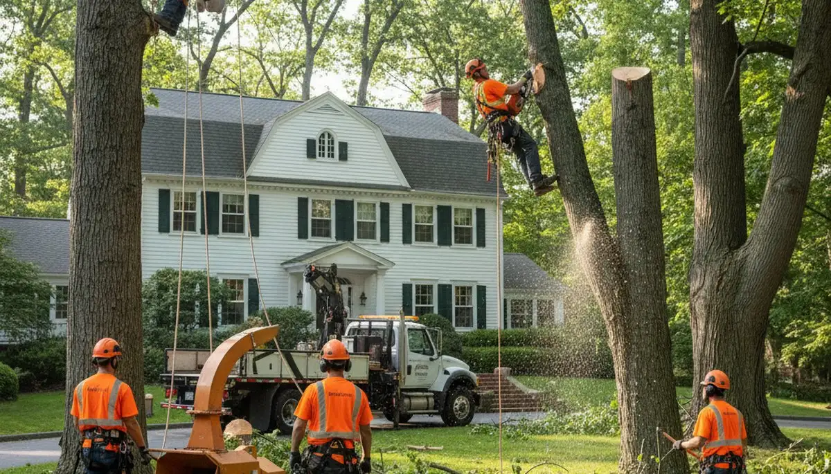 Tree service crew trimming trees in Indianapolis, IN for safe, professional property maintenance