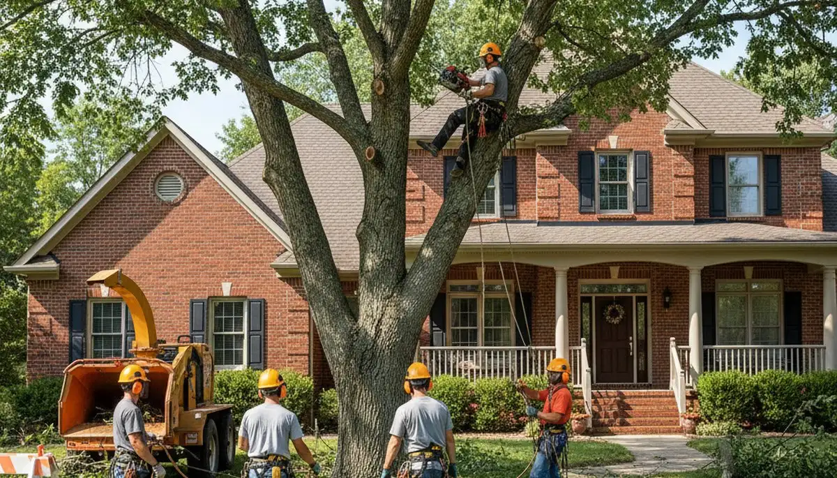 Tree service crew trimming trees in Indianapolis, IN for safe, professional property care
