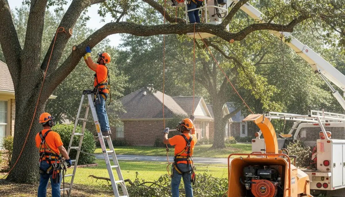 Tree trimming crew pruning trees in Indianapolis, IN for safe, healthy landscape maintenance