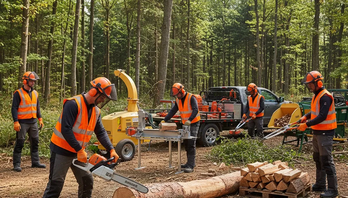 Woodlot management team maintaining wooded property in Indianapolis, IN with tree care equipment
