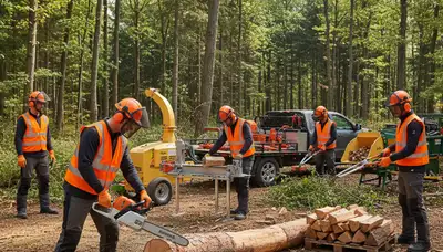 Woodlot management team maintaining wooded property in Indianapolis, IN with tree care equipment